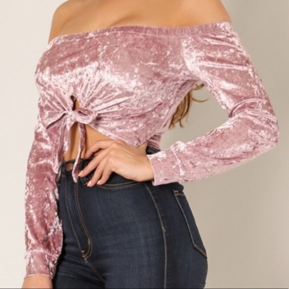 Pink Crushed Velvet Tie Front Crop Top NEW - Picture 4 of 7